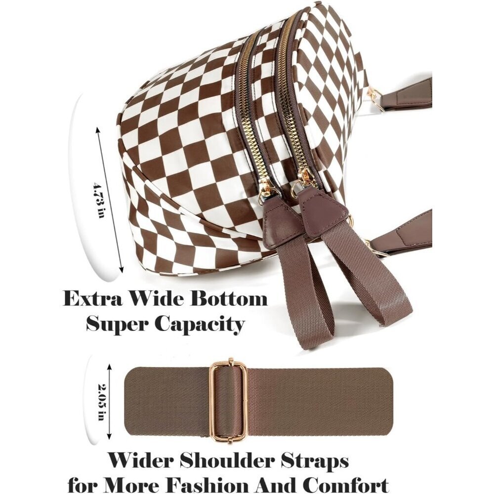 Women Brown Imported Polyester Checkered Crossbody Fanny Packs Belt Bum Bag - Picture 5 of 6